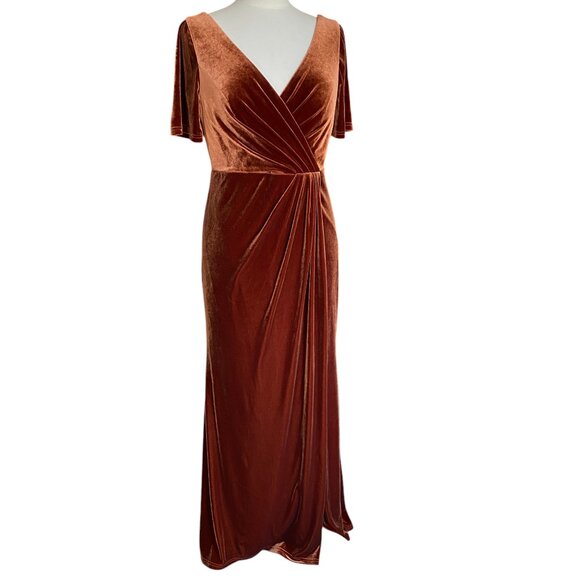 Revelry Giselle Velvet Maxi Dress Sz 12 Rust Faux Wrap Formal Event Luxe Glam - Picture 1 of 16